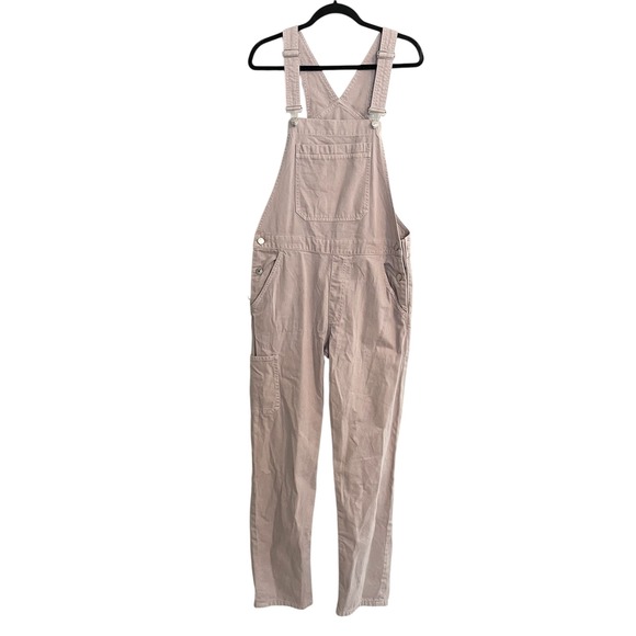 Bershka Denim Overalls Jumpsuit Beige Pink Adjustable Straps Pockets Casual M‎ - Picture 1 of 11